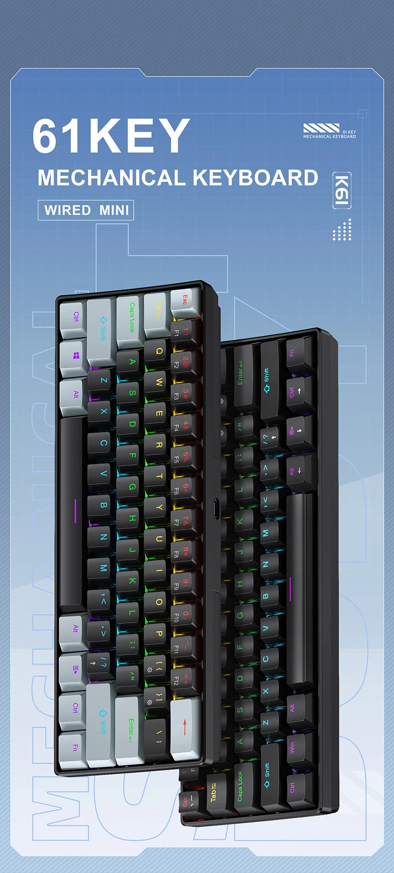 APAYADO K61 60% Mini bedraad mechanisch gamingtoetsenbord Phantom RGB, 61 toetsen, red/blue switch, ergonomisch, draagbaar voor pc/laptop
