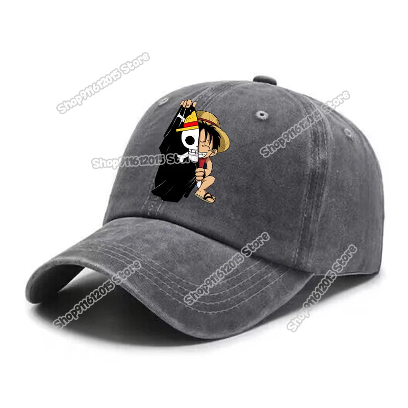 One Piece Men Washed Baseball Cap Unisex Retro Hip-hop Peak Caps Anime Luffy Male Outdoor Trucker Hat Travel Sunscreen Sunhat