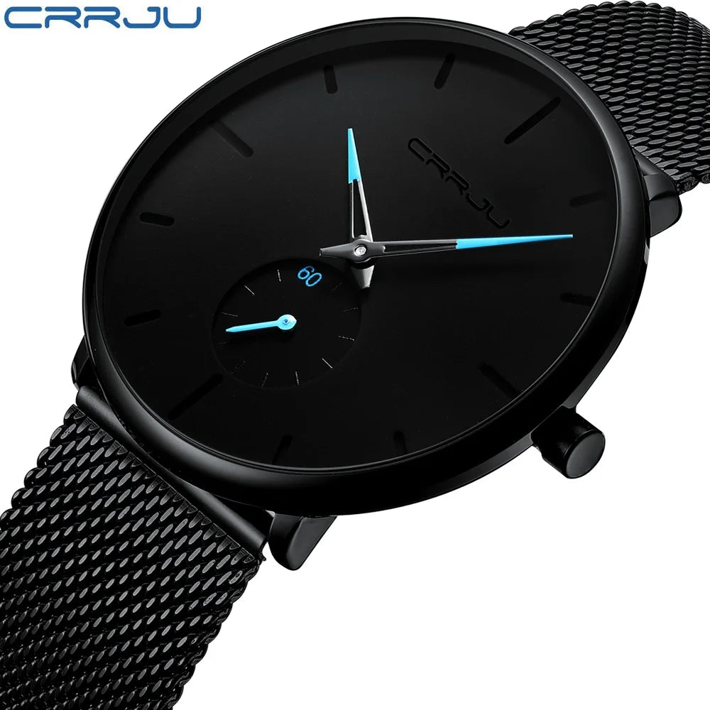 Reloj para hombre CRRJU: reloj de cuarzo de lujo, de estilo informal, fino, con correa de malla de acero, resistente al agua y deportivo.