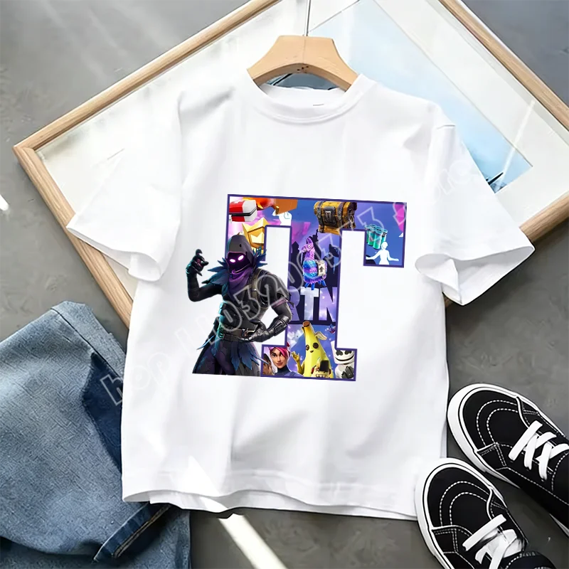 Тениска Fortnite A-Z Alphabet Print за деца, лятна бяла дреха, популярна тениска с анимационна игра, модерен ежедневен топ с къс ръкав, подарък