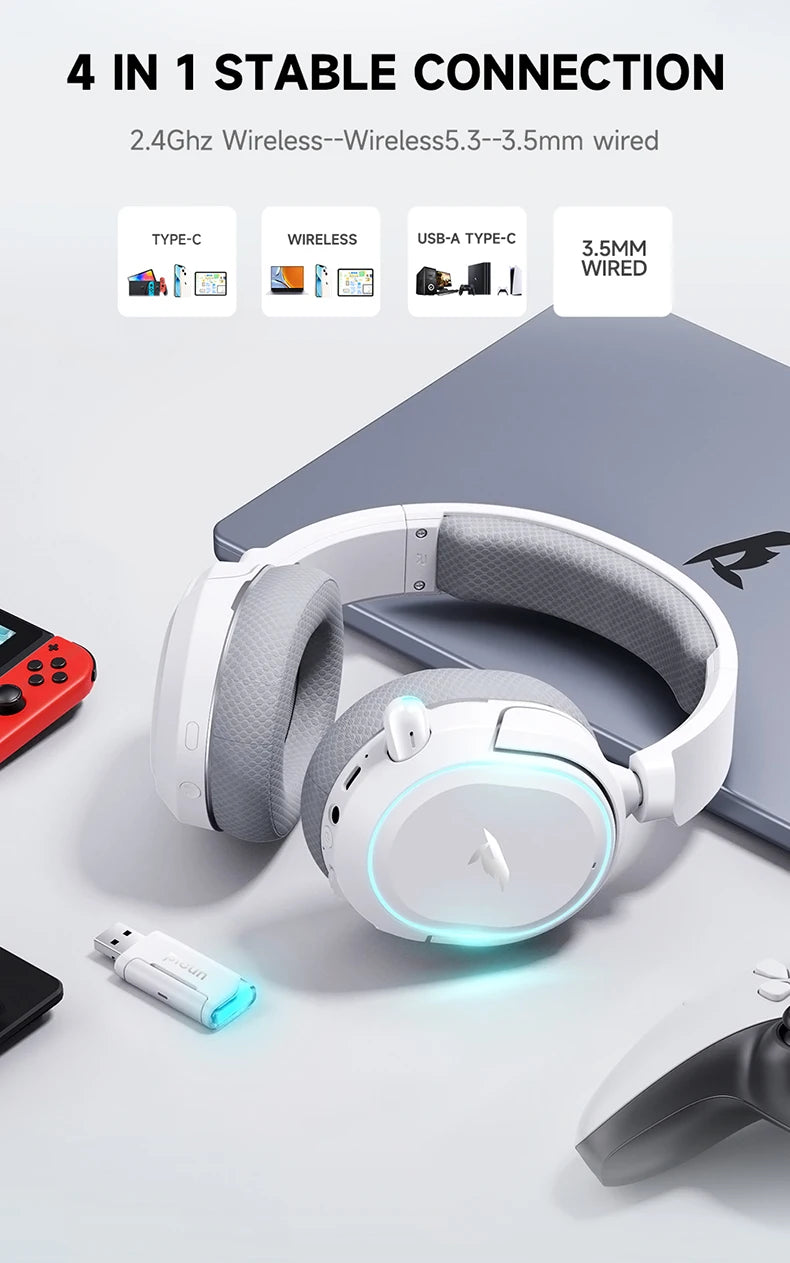 Picun G2 Kabelloses Gaming-Headset Bluetooth 5.3 – 7.1-Surround-Sound, Gaming-Kopfhörer mit 5ms niedriger Latenz und ENC-Mikrofon für PC, PS5, PS4, Switch & Mobilgeräte