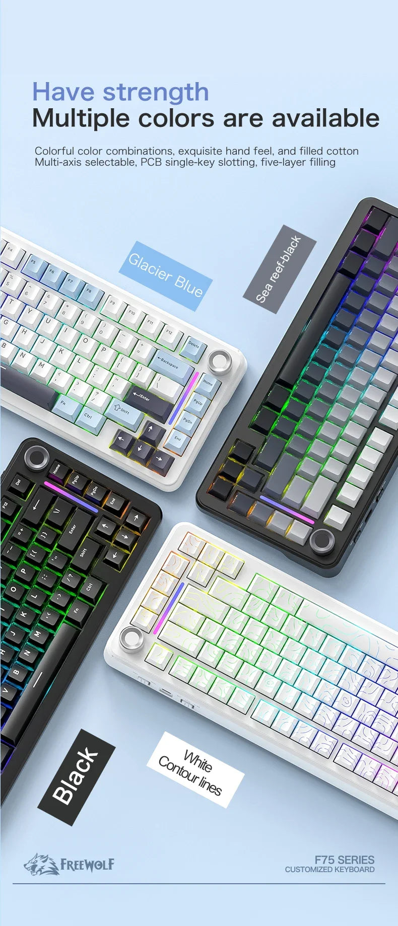 FREEWOLF F75 Gaming Mechanical Keyboard, 75% Tri-Mode Wireless Bluetooth, AULA F75 Same Model, RGB Hot Swappable PBT 4000mAh