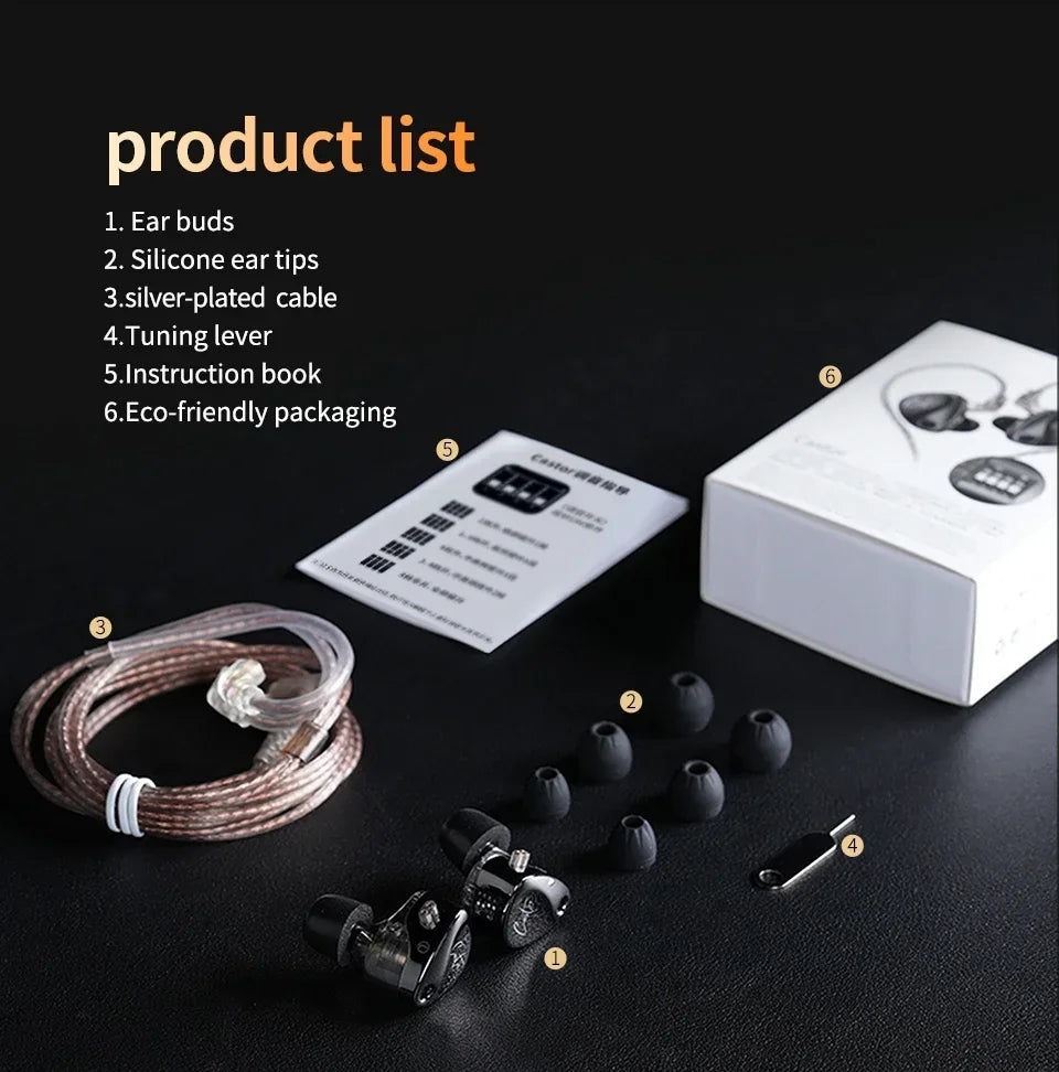 KZ Castor Wired Earbuds HiFi Bass Earphones with Dual Dynamic Drivers, Tunable Balanced Armature In-Ear Headphones, High Resolution Audio Earbuds