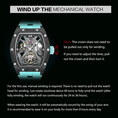 MEGIR Sports Style Automatic Mechanical Watch for Men Full Hollow Transparent Dial Design Stainless Steel Case Silicone Strap