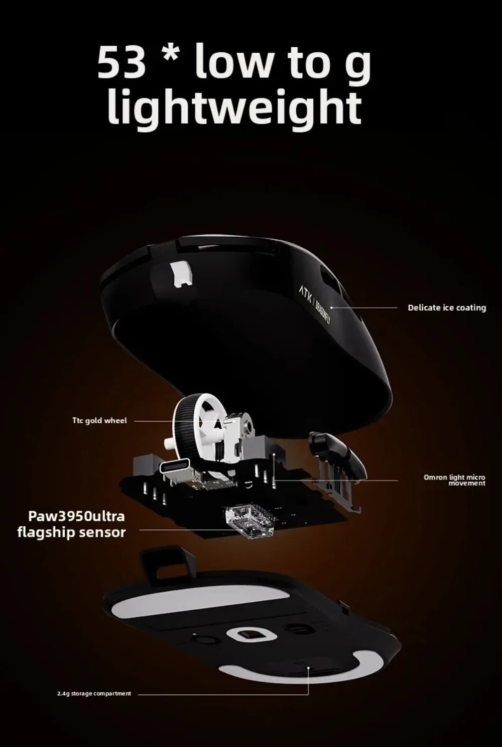 Ratón gaming inalámbrico Bluetooth ATK Dragonfly A9, diseño ergonómico, respuesta rápida, PAW3950 Ultra, 800mAh, ligero, 8KHz, esports