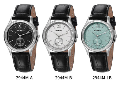 BERNY Men's Watches Luxury Classic Stylish Dress Quartz Watch Slim Stainless Steel Case Elegance Leather Strap Wristwatch