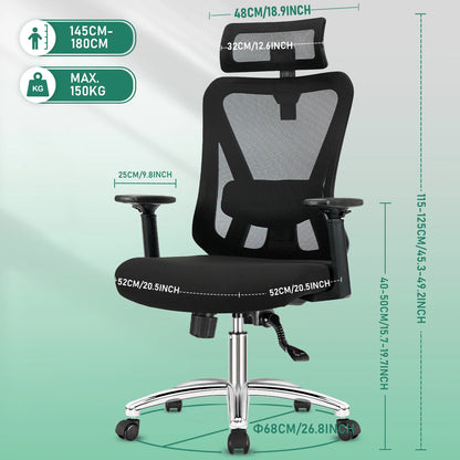 Durrafy Ergonomic Office Chair, Desk Chair With Headrest, Armrests, Swivel Chairs With 90°-130° Reclining Function (Lockable)