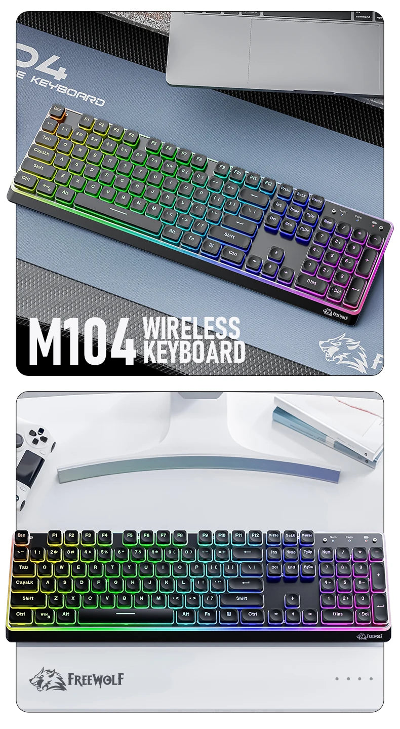 Freewolf M104 Tri-Mode Wireless Keyboard RGB 104 Keys Ultra Slim Quiet Membrane 4000mAh Large Battery for Office&Home