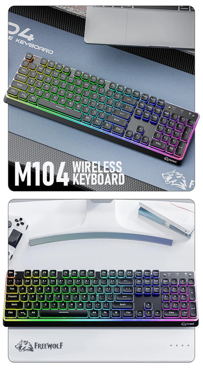 Freewolf M104 Tri-Mode Wireless Keyboard RGB 104 Keys Ultra Slim Quiet Membrane 4000mAh Large Battery for Office&Home
