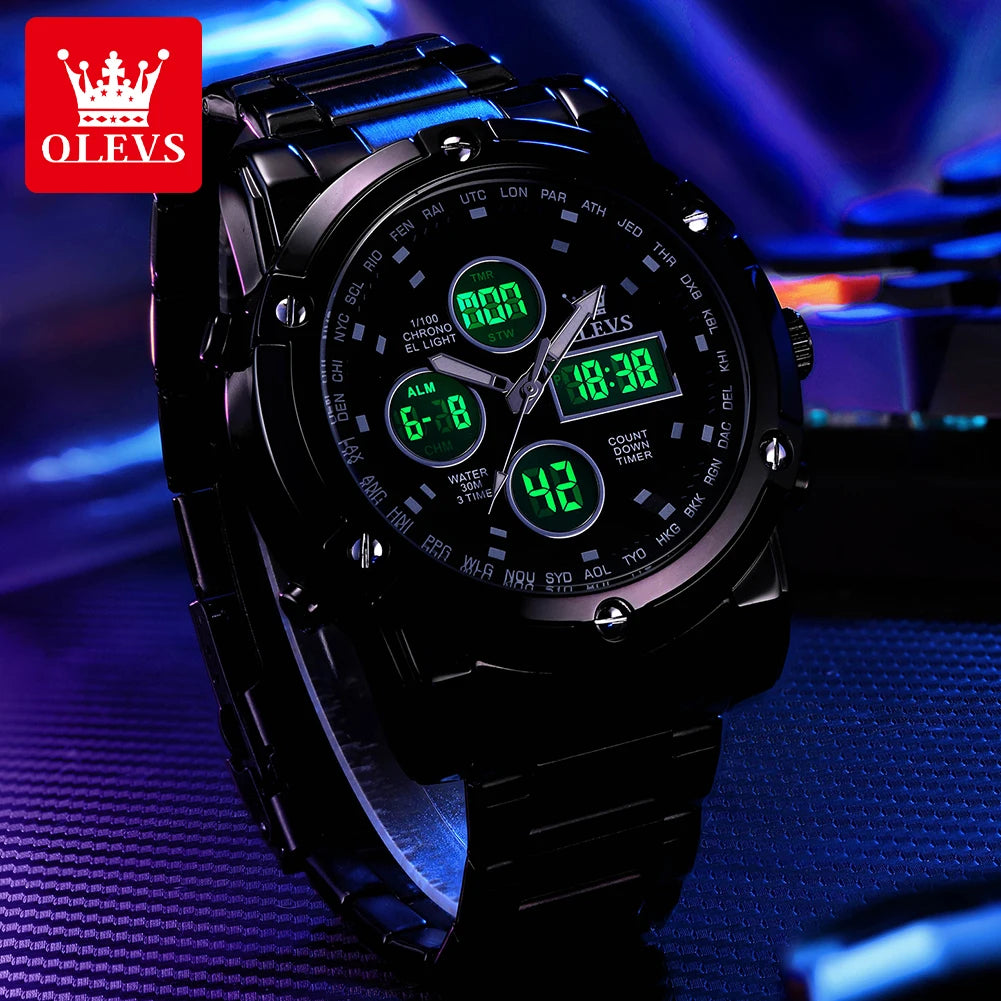 Relógio de homem OLEVS – Relógio de pulso de quartzo, estanque, em aço inoxidável, com ecrã LED – Estilo desportivo e moderno (modelo 1106)