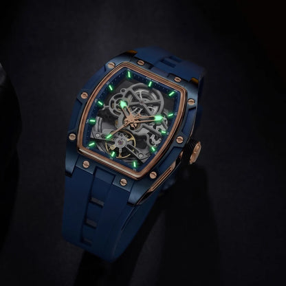 Reloj mecánico para hombre MEGIR, forma de barril, esfera esqueletizada calada, estilo deportivo, correa de silicona, reloj automático de lujo