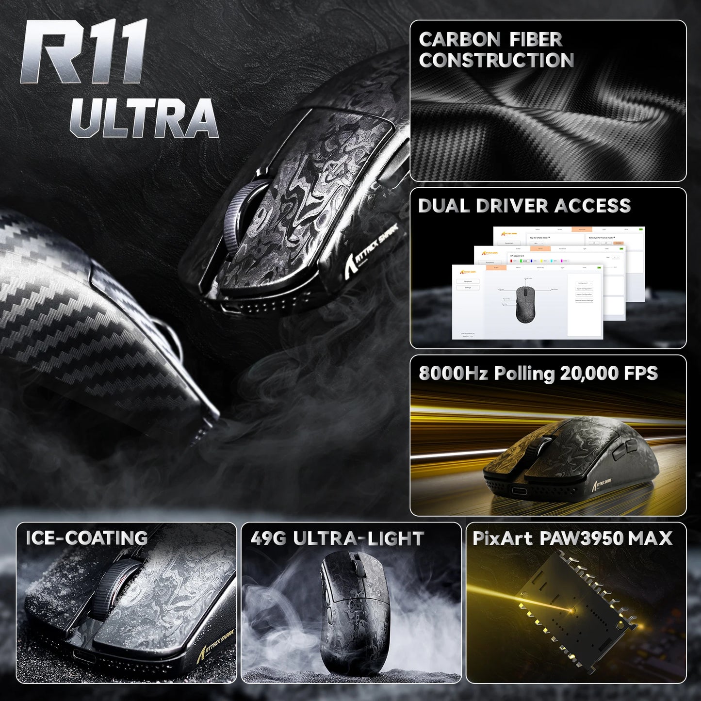 ATTACK SHARK R11 ULTRA trådløs gamingmus i kulfiber, 8000Hz, PAW3950MAX, 42000DPI, letvægtsdesign på 49g, 20000FPS, Nordic 52840
