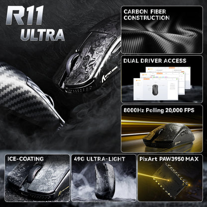 ATTACK SHARK R11 ULTRA trådløs gamingmus i kulfiber, 8000Hz, PAW3950MAX, 42000DPI, letvægtsdesign på 49g, 20000FPS, Nordic 52840