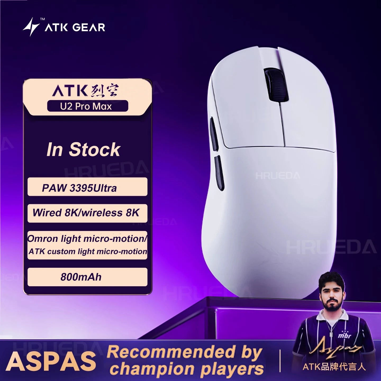 ATK U2 V2 Mini Ultimate Wireless Gaming Mouse, PAW3950 Ultra Sensor, 8KHz Polling Rate, Lightweight Tri-Mode Ergonomic Esports Mouse