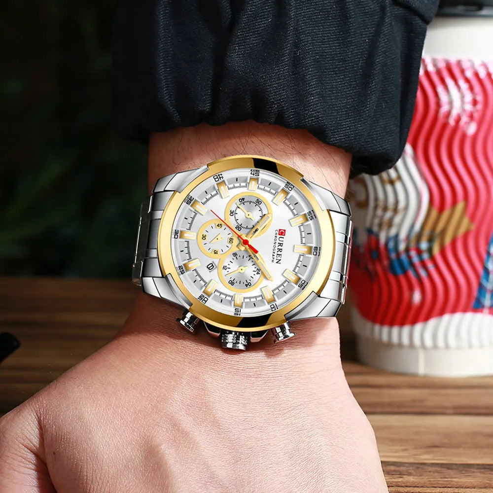 CURREN Chronographenuhr für Herren, großes Zifferblatt (48 mm), Edelstahlarmband, drei Hilfszifferblätter, Quarz-Sportarmbanduhr, luxuriöser Stil