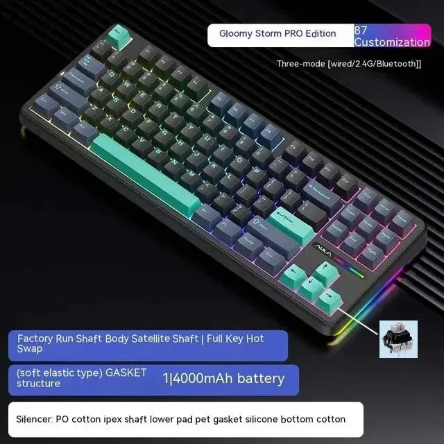 Teclado mecánico AULA F87 Pro 2.4g/USB/Bluetooth inalámbrico trimodo de 87 teclas, RGB, PBT, gasket, 5 capas de amortiguación, teclas completas sin impacto