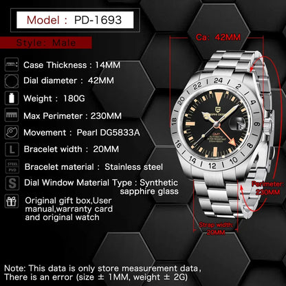 PAGANI DESIGN 2025 New Men's Automatic Mechanical Watch GMT Classic Retro Stainless Steel 200m Water Resistant Men's Wristwatch