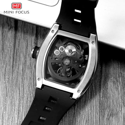 MINI FOCUS Herren-Armbanduhr, modisch, schwarz, wasserdicht, automatische mechanische Uhr mit Leuchtzeigern, Silikonarmband und Tonneau-Zifferblatt