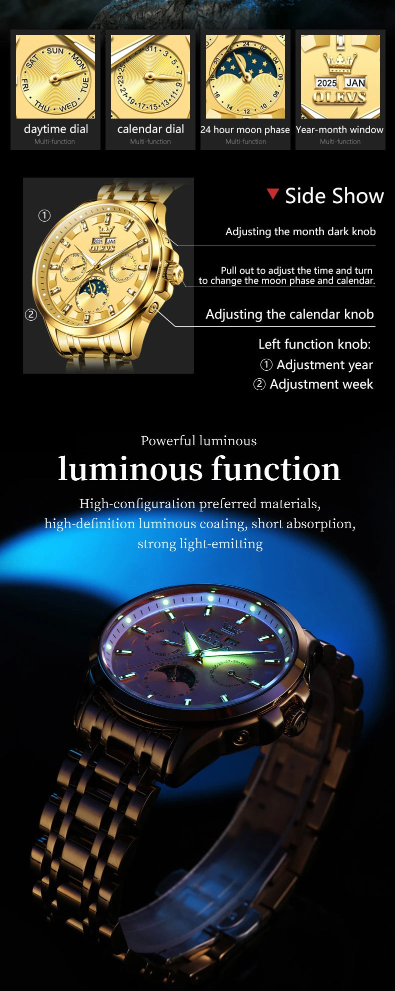 OLEVS 7070 Automatic Men's Watches Luxury Multi functional  Perpetual Calendar Moon Phase Luminous Mechanical Wristwatch For Man