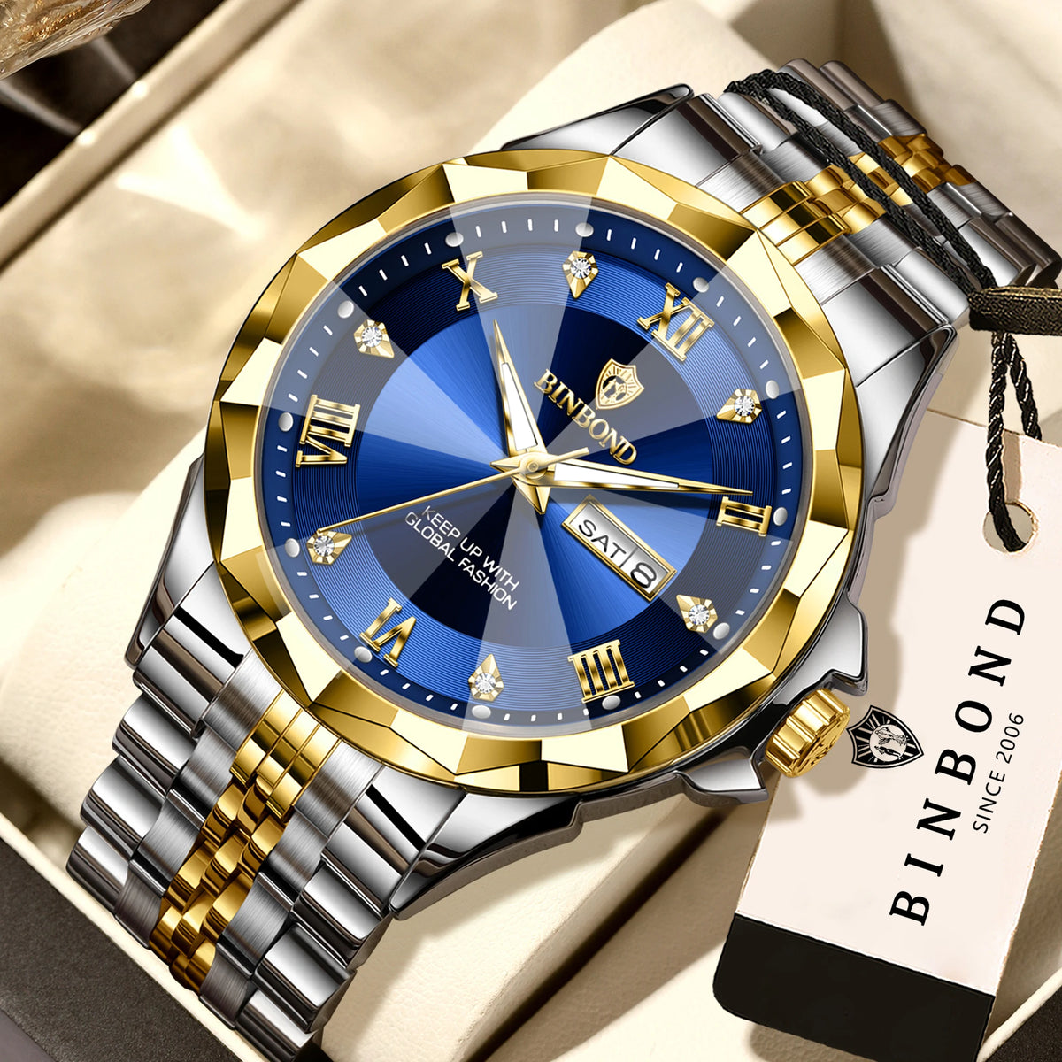 BINBOND Quarz-Herrenuhr – Luxuriöse, leuchtende und wasserdichte Armbanduhr mit automatischer Wochentags- und Datumsanzeige.