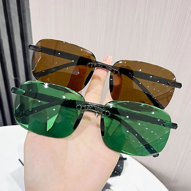 Vintage Sunglasses Rimless Cut Edge Sunglasses Fashion Designer Shades Luxury Brown Green Sunglasses UV400  for Men Women