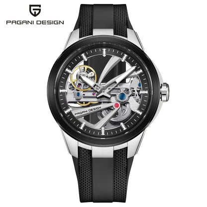 PAGANI DESIGN -miestenkello – Mekaaninen automaattinen luksusmalli, ”skelettityyppinen” (avoin rakenne), varustettu tourbillon-mekanismilla, heijastamattomalla safiirilasilla, vesitiivis ja valoa heijastava.