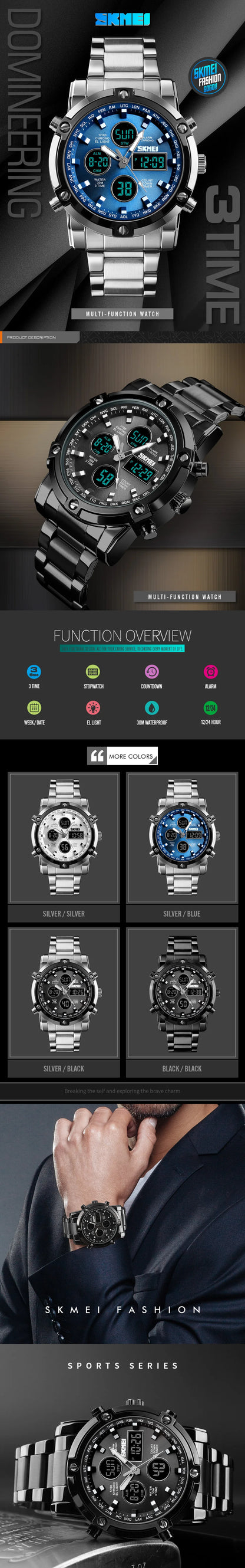 SKMEI 1389 Bracelet Wristwatch Clock Digital Quartz Watch Men Three Time Waterproof Quartz Wrist Mens Watch Relogio Masculino