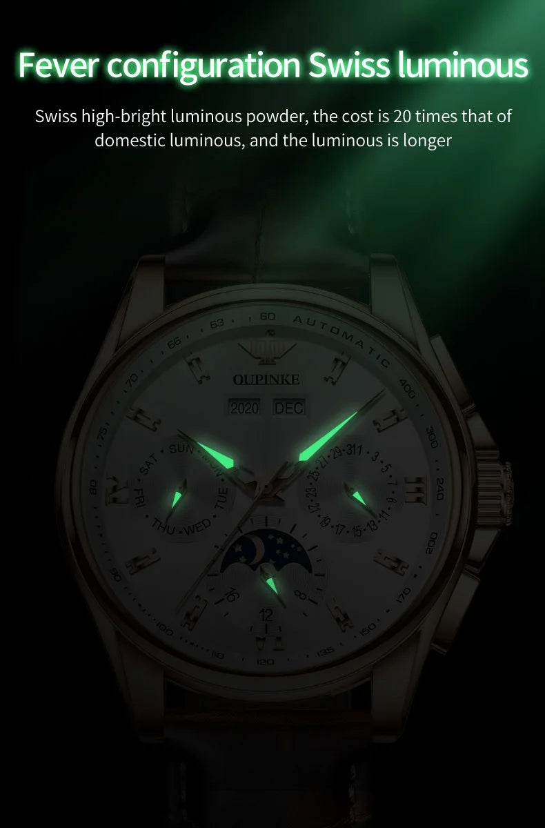 OUPINKE 3189 Classic Men's Watch Leather Strap Waterproof Moon phase Top Brand Automatic Mechanical Men's Wristwatch
