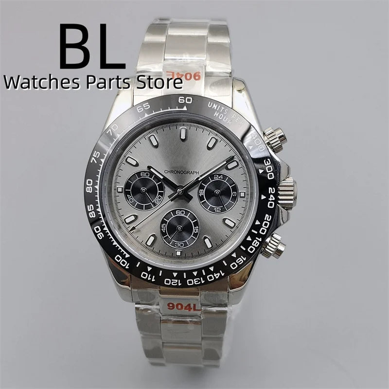 BLIGER 39mm VK63 Men's Quartz Chronograph Watch Ceramic Brown Insert Ice Blue Dial With C3 Luminous Sapphire Crystal Waterproof