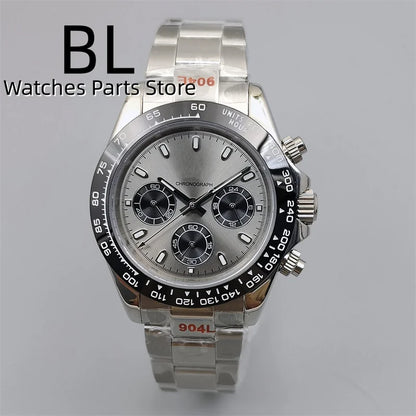 BLIGER 39mm VK63 Men's Quartz Chronograph Watch Ceramic Brown Insert Ice Blue Dial With C3 Luminous Sapphire Crystal Waterproof