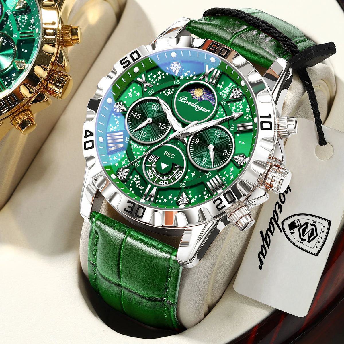 Luxus-Armbanduhr POEDAGAR für Herren – Sportlicher, wasserdichter und leuchtender Chronograph mit Lederarmband, Quarzwerk