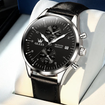 OLEVS 2880 Herrenuhr – Eleganter, schlichter Chronograph, Lederarmband, automatische Datumsanzeige, wasserdicht, leuchtende Zeiger, Quarzwerk.
