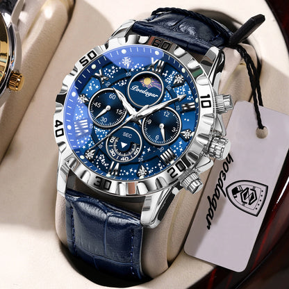 Luxus-Armbanduhr POEDAGAR für Herren – Sportlicher, wasserdichter und leuchtender Chronograph mit Lederarmband, Quarzwerk