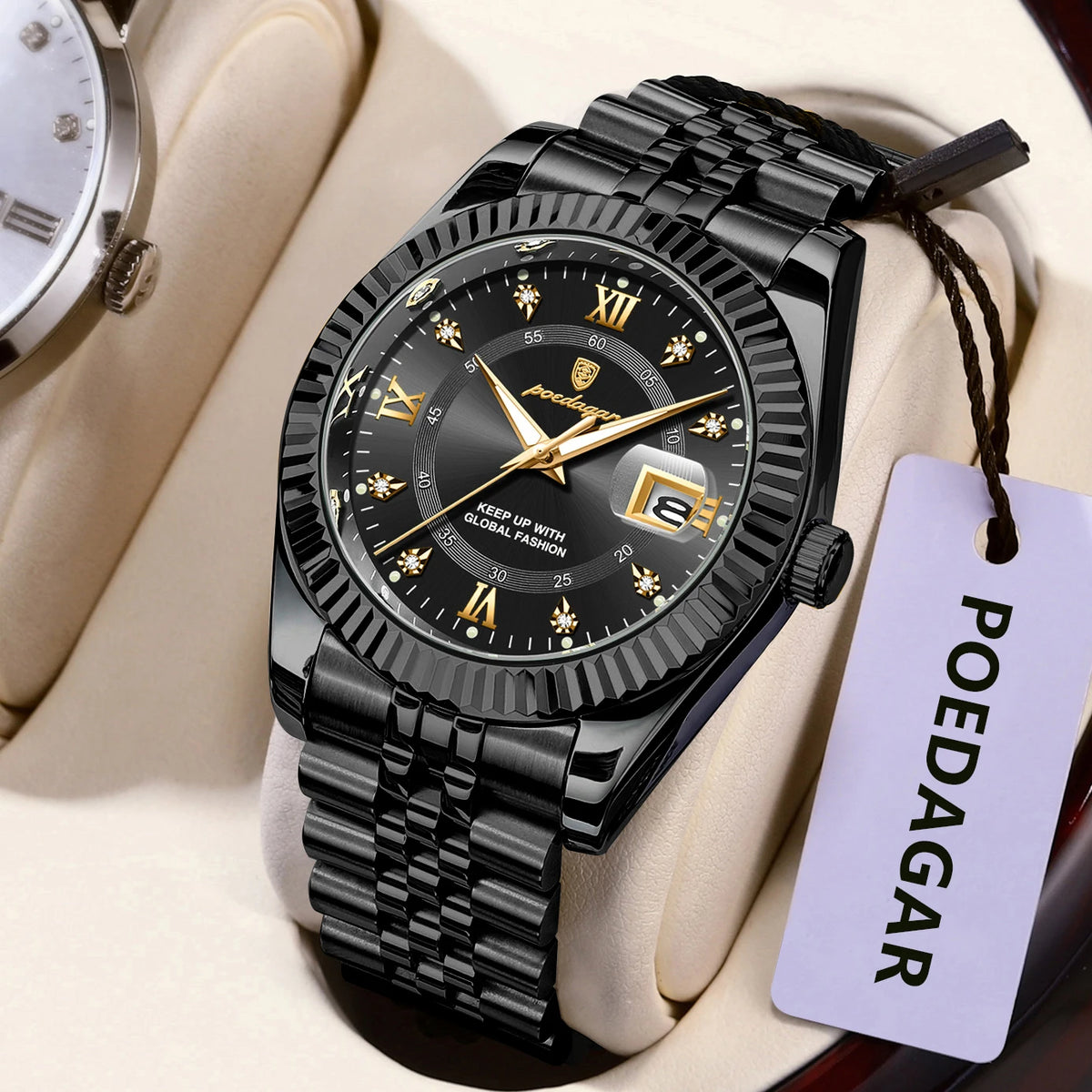 POEDAGAR Herrenuhr – Luxusmodell, wasserdicht, aus Edelstahl, mit Leuchtanzeige, im Militärstil, mit Datumsanzeige, Quarzwerk, ideal für die Arbeit oder berufliche Anlässe.