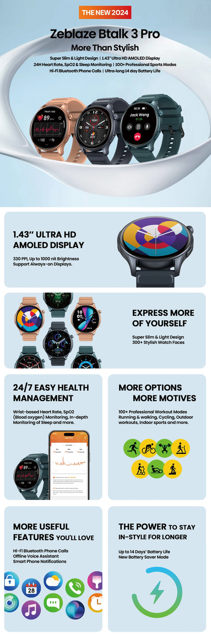 New Zeblaze Btalk 3 PRO Smart Watch 1.43" AMOLED Display Bluetooth Phone Calls Smartwatch Health and Fitness Tracking