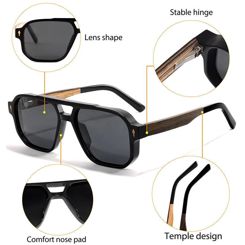 CATERSIDE Fashion Men Polarized Sunglasses Retro Luxury Brand Design Solid Wood Temple Sun Glasses Women Driving Party Glasses