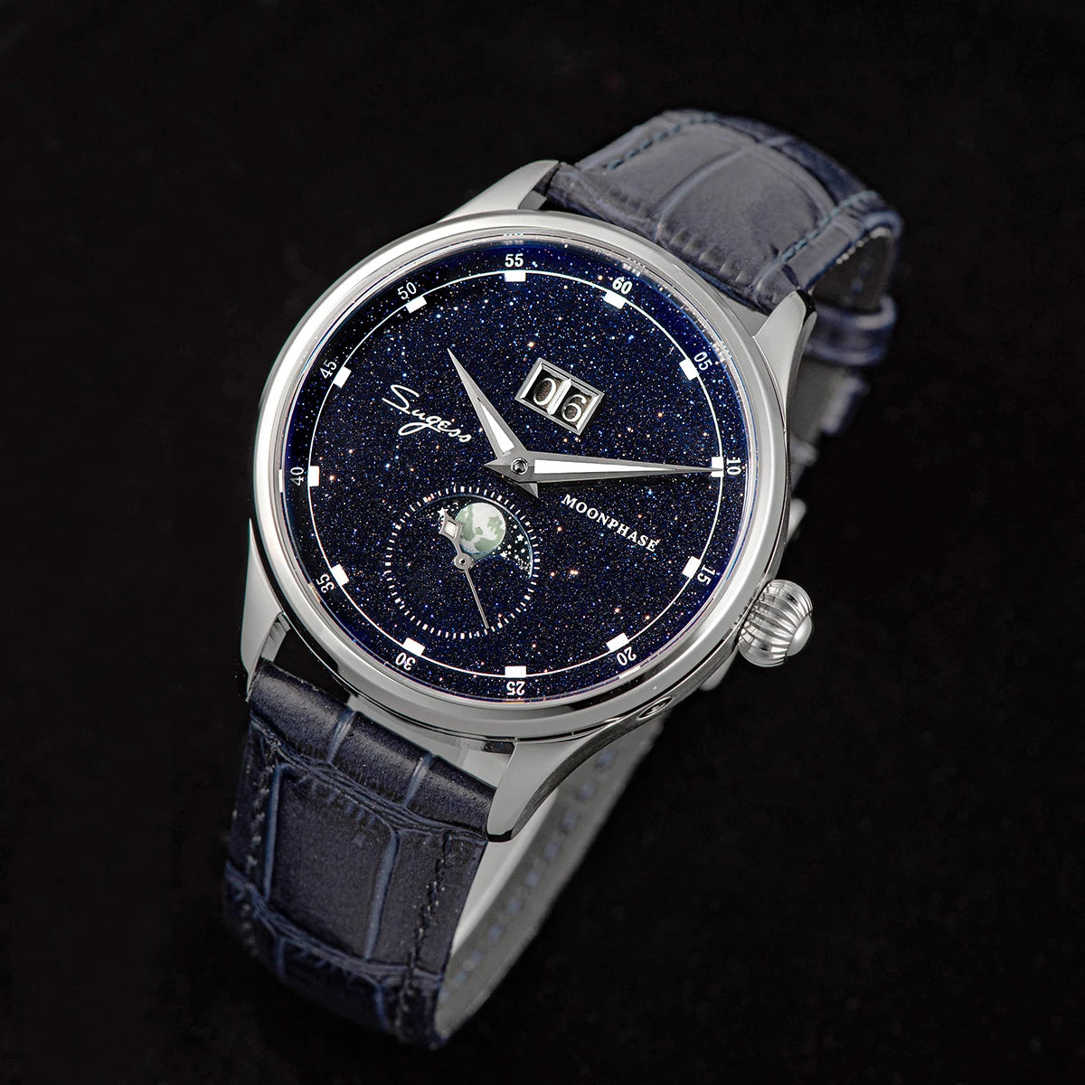 Sugess 2022 Luxury Man Watch Moonphase Blue GoldStone Dial Tianjin 2528 Movement Stainless Steel Starry Sky Limited Edition V3