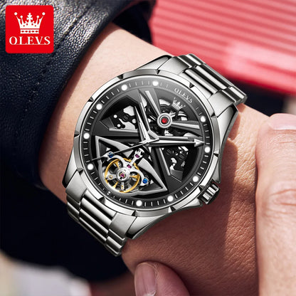 Montre pour homme OLEVS 6655, modèle squelette entièrement automatique; montre-bracelet mécanique de luxe, lumineuse et étanche.
