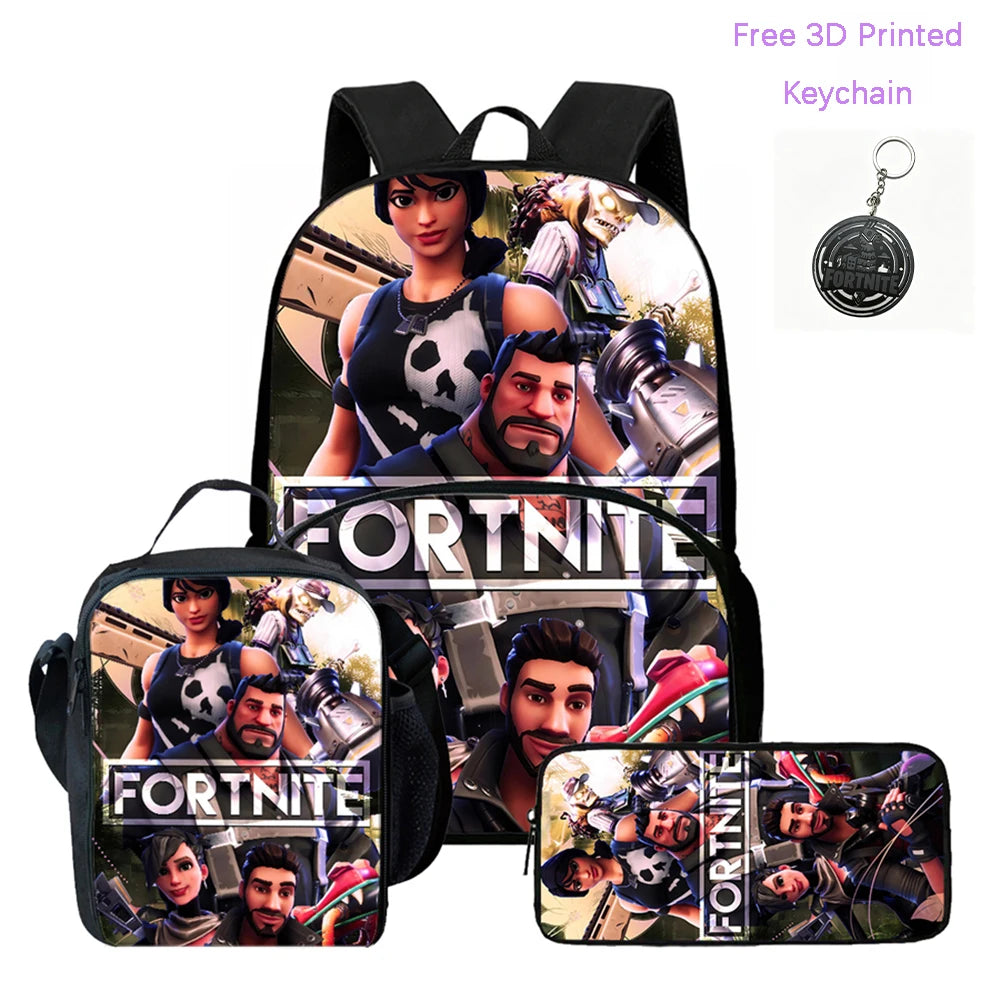 3-teiliges FORTNITE Cartoon-Schulset mit leichtem Rucksack, Fronttasche, Lunchbox und Federmäppchen für Kinder von 5-9 Jahren + kostenloser 3D-gedruckter Schlüsselanhänger