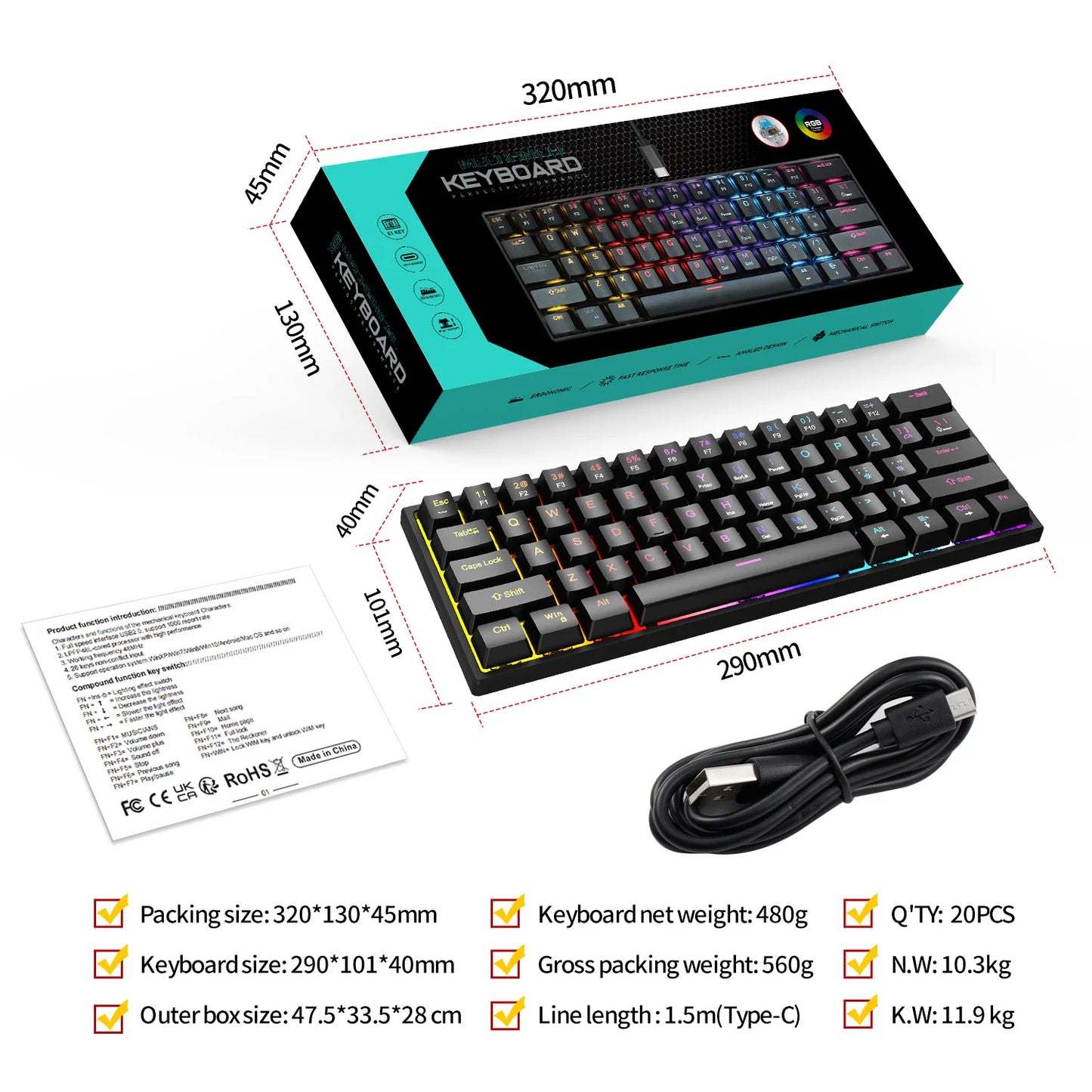 61 Keys Mini Mechanical Keyboard K61 RGB 60% Portable Wired Ergonomic Esports Gaming Keyboard for Computer Laptop Gamer Office