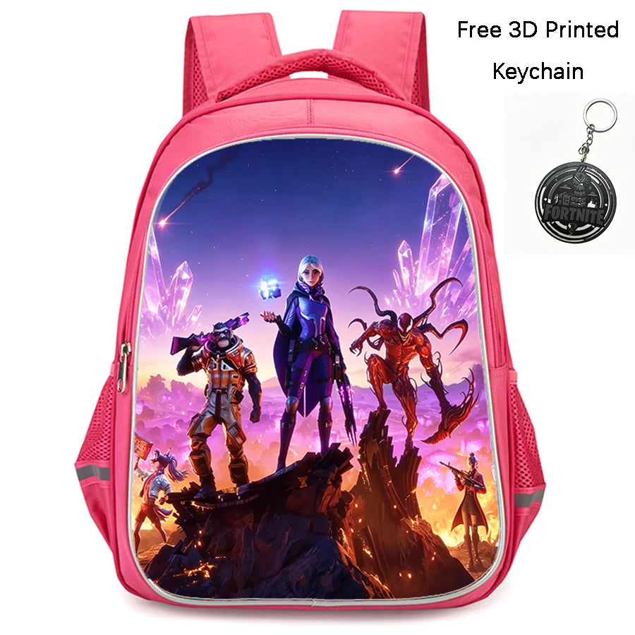 FORTNITE 16-inch Durable Lightweight Backpack, Dual Zipper Pockets, Cartoon Style for Boys & Girls Ages 6-10, Free 3D Printed Keychain