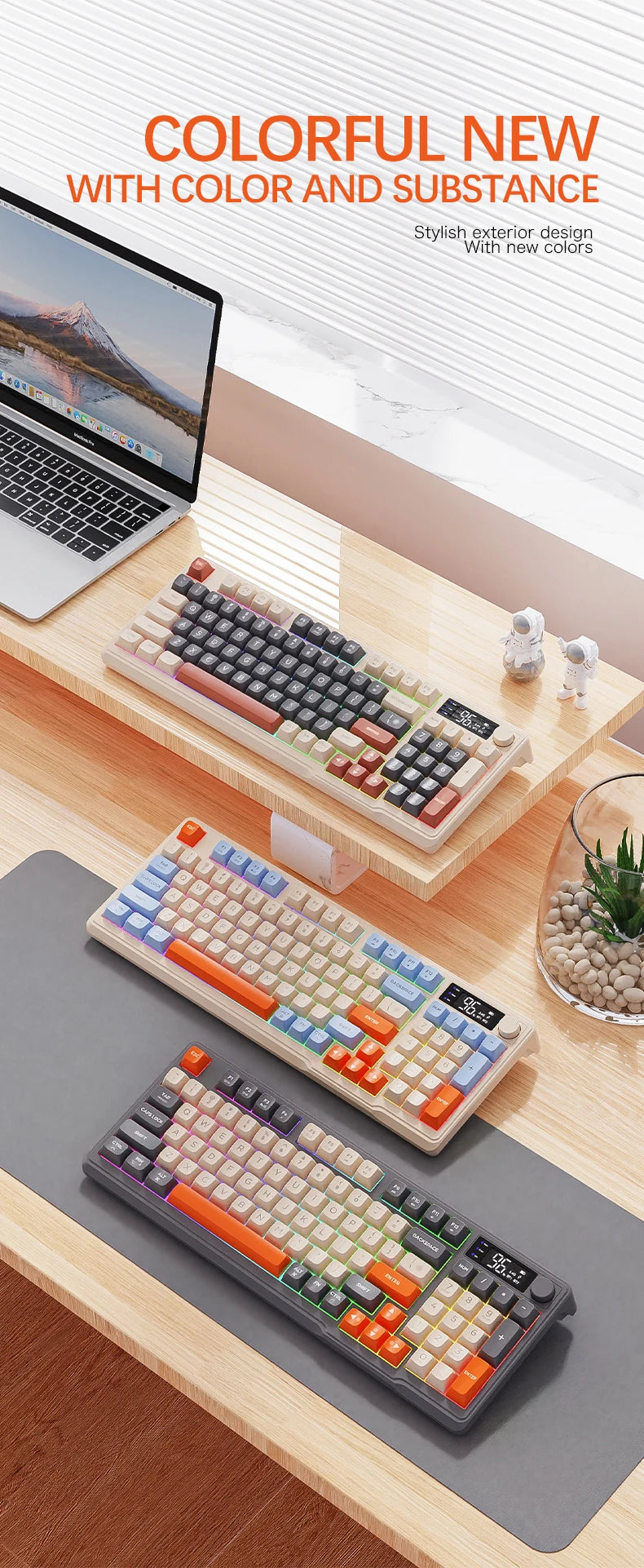 M96 Bluetooth Wireless Keyboard FREEWOLF Digital Display,RGB Backlight,2000mAh Battery & PBT Keycaps for PC/Laptop