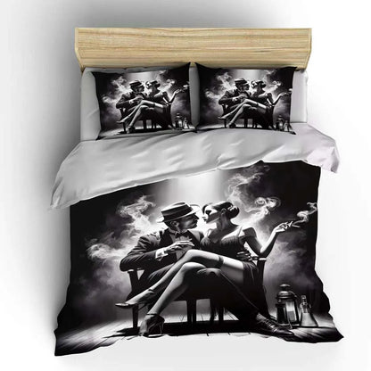 Couple in black-and-white smoky scene Bedding Set for Kids Luxury Gift 3pcs Digital Print Comforter Set Soft Comfortable