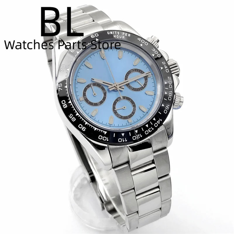 BLIGER 39mm VK63 Men's Quartz Chronograph Watch Ceramic Brown Insert Ice Blue Dial With C3 Luminous Sapphire Crystal Waterproof