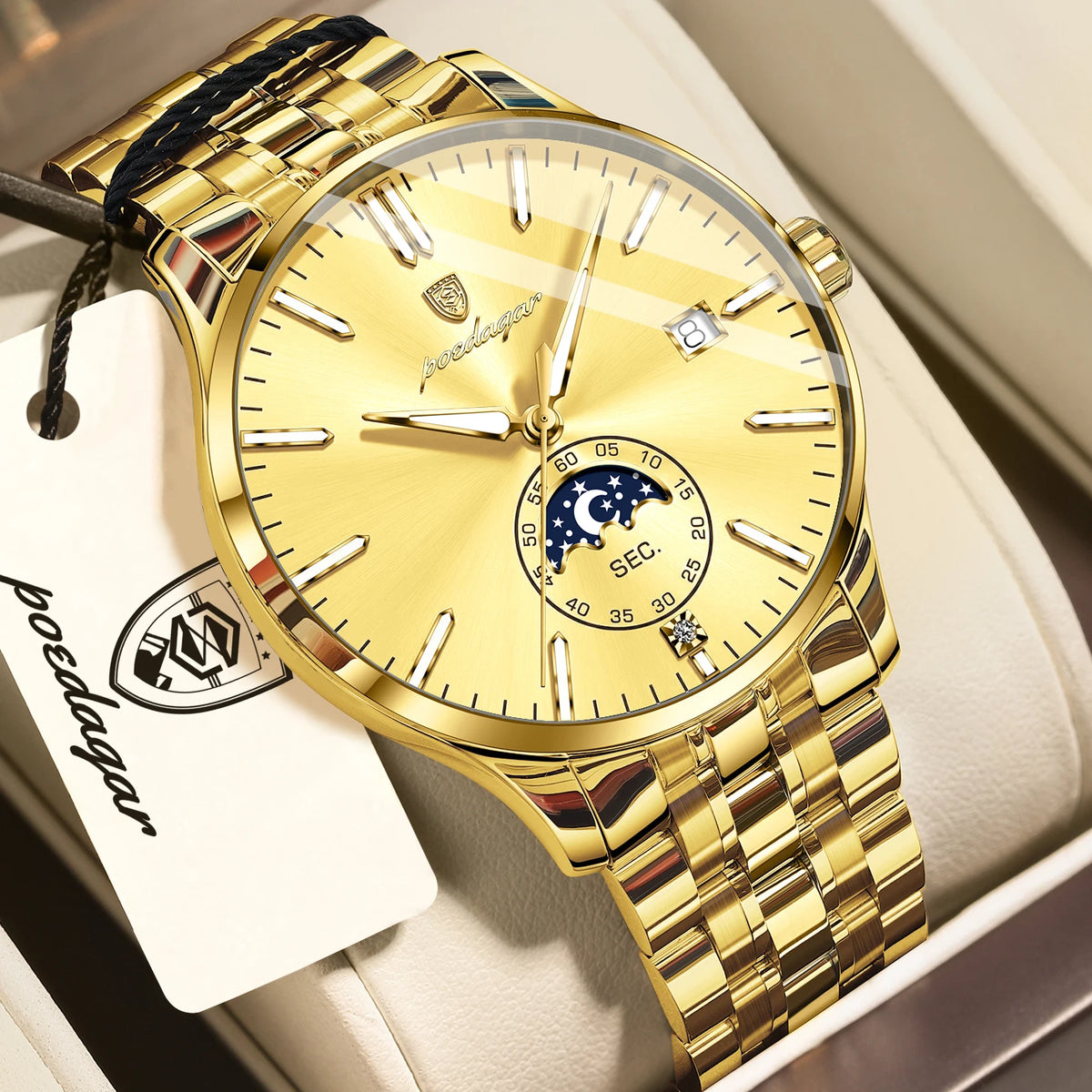 Montre homme de luxe POEDAGAR, style décontracté, en acier inoxydable, à quartz, étanche, lumineuse, avec date, élégante.