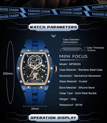 MINI FOCUS Herren-Armbanduhr, modisch, schwarz, wasserdicht, automatische mechanische Uhr mit Leuchtzeigern, Silikonarmband und Tonneau-Zifferblatt