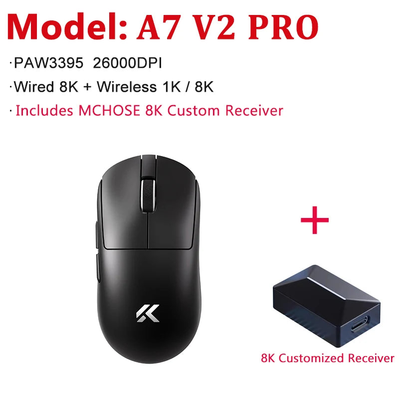 MCHOSE A7 V2 Ultra / Pro lahka brezžična gaming miška z dvojnim 8000Hz, PAW3950 TI, 42000DPI, za PC e-športne igralce