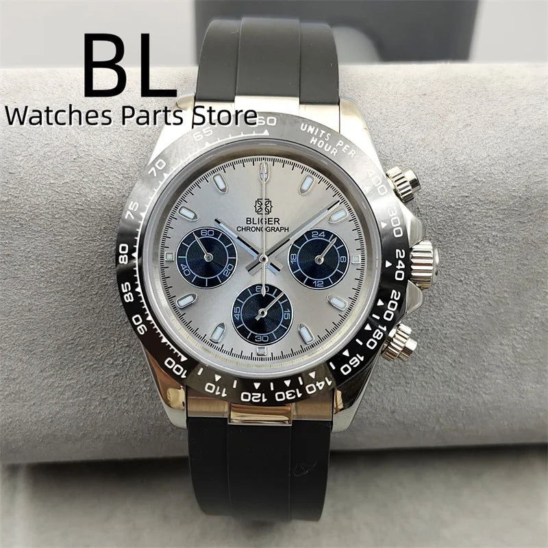 BLIGER 39mm VK63 Men's Quartz Chronograph Watch Ceramic Brown Insert Ice Blue Dial With C3 Luminous Sapphire Crystal Waterproof