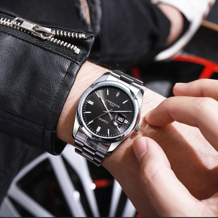 Orologio da polso da uomo CHRONOS – Marchio di lusso, impermeabile, luminescente, con datario, in acciaio inossidabile, con movimento al quarzo.