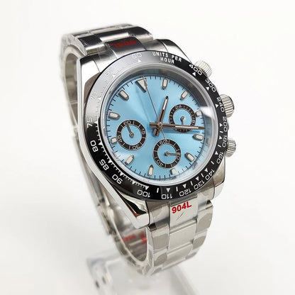 20 Color Business 39mm Quartz Watch Men's Timing Sapphire Crystal VK63 Movement Calendar Luminous Blue Dial Stainless Steel Strap